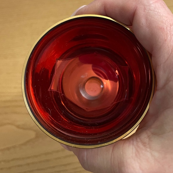 Bohemian Czech Ruby Red Gold Gilt Crystal Decanter & 4 Glasses Enamel Flowers - Picture 11 of 15